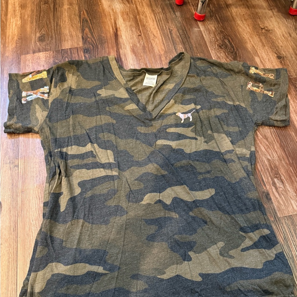 PINK Victoria's Secret Girls Camouflage V-Neck Tee with Sequin Sleeve Accents